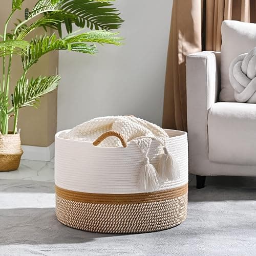 KAKAMAY Large Blanket Basket (20"x13"),Woven Baskets for storage Baby Laundry Hamper, Cotton Rope Blanket Basket for Living Room, Laundry, Nursery, Pillows, Baby Toy chest (White/Brown) thumbnail 3
