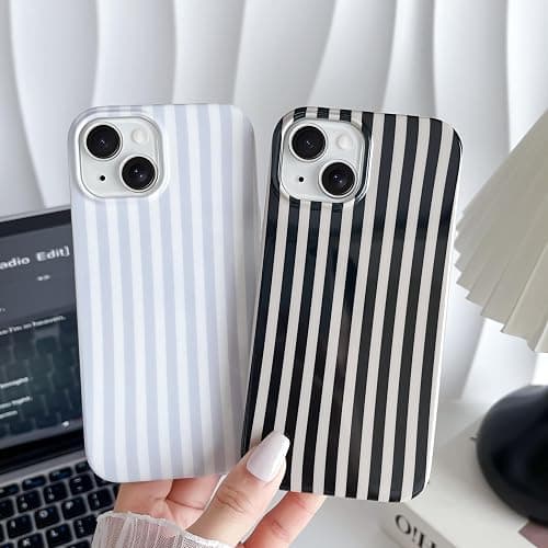 Yeddabox for iPhone 14 Case Cute Striped Phone Case Soft TPU Slim Shockproof Phone Cover for Women Girls, Blue and White thumbnail 6