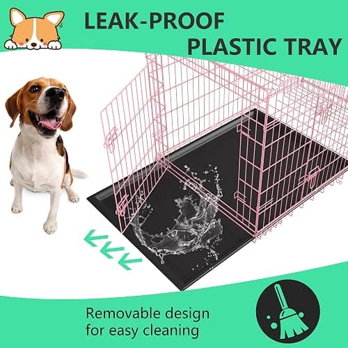 FDW 24 inch Dog Crate Dog Kennel Cage with Double Door Folding Metal Wire Dog Cage with Removable Tray&Divider Panel,Pet Crate for Small Dogs,Pink thumbnail 5