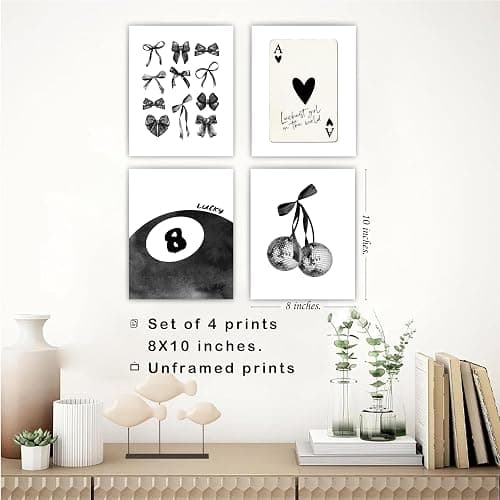 okaxscm Black Coquette Trendy Preppy Wall Art Prints Set of 4, Coquette Room Decor, Preppy Room Decor Aesthetic, Black Bow Disco 8 Ball Cherry Wall Decor Posters for Girls Bedroom Dorm, 8x10 Unframed thumbnail 3