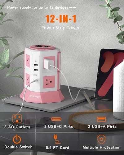 NVEESHOX Surge Protector Power Strip Tower, 10 Feet Ultra Flat Extension Cord with 12 AC Outlets 5 USB Ports(2 Type C), Desktop Charging Station, Flat Plug Outlet Extender for Home Office Dorm thumbnail 2