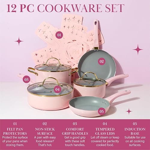 Paris Hilton Epic Nonstick Pots and Pans Set, Multi-layer Nonstick Coating, Tempered Glass Lids, Soft Touch, Stay Cool Handles, Made without PFOA, Dishwasher Safe Cookware Set, 12-Piece, Pink thumbnail 3