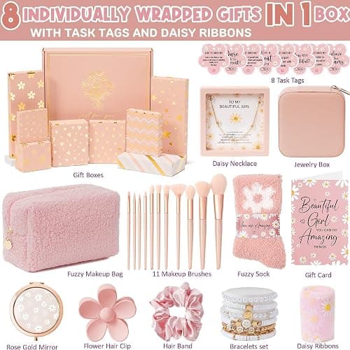 Christmas Gifts for Tween & Teen Girls - 8 PCS Birthday Gifts Basket Teen Girls Trendy Stuff w/ Fun Task Tags Make up Brushes & Bag, Empower Advent Calendar Wrapped Gifts Box for Daughter Niece Sister thumbnail 2
