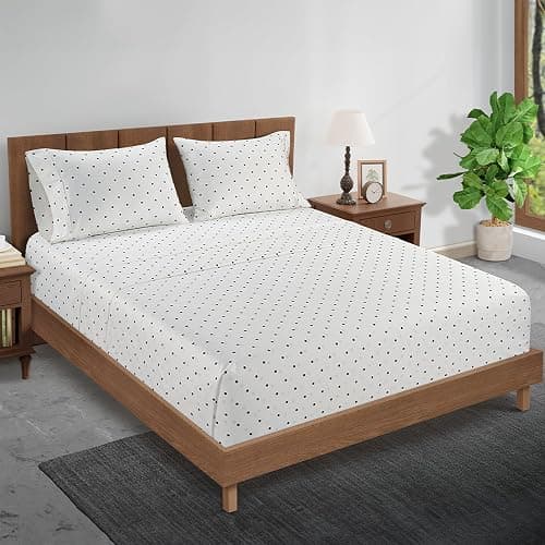450 TC 100% Cotton Printed Polka Dot Queen Sheets, Soft Sateen Weave, Deep Pocket Queen Sheets for 15” Mattress, Mercerized Cotton Fully Elasticized Luxury Hotel Bedding, Polka Dot - Black thumbnail 2