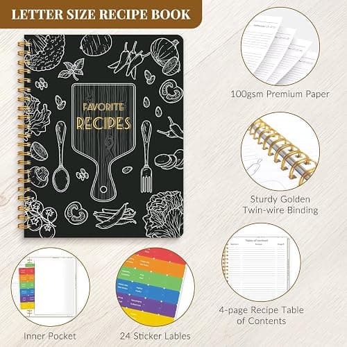 LuBudingJoy Blank Recipe Notebook to Write in Your Own Recipes, Full Page Sprial Hardcover Personal Recipe Organise, Recipe Journal Hold 140 Recipes (Black) thumbnail 5