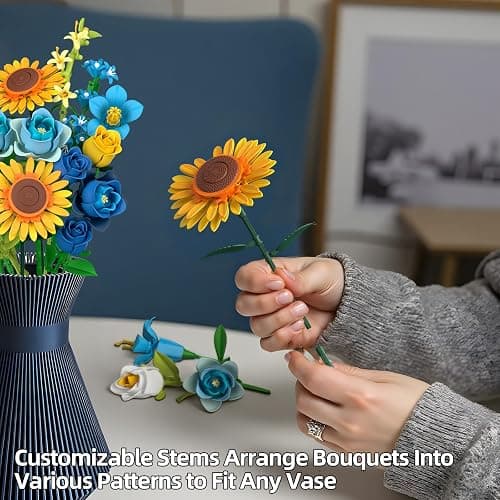 Blue Rose Flowers Valentines Gifts - Bouquet Building Set Compatible with Lego Flowers for Adults Women, Van Gogh's Starry Night and Sunflowers Style, Christmas Mother's Day Home Decor thumbnail 4