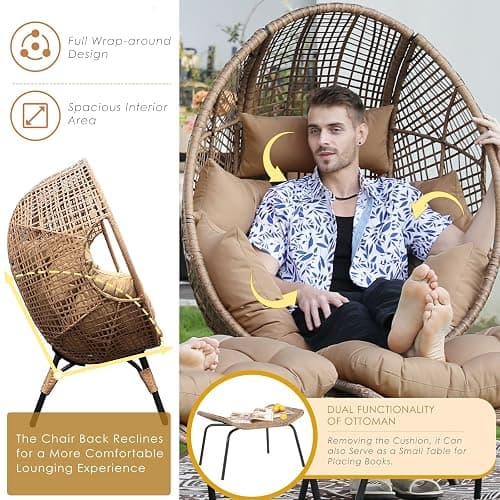 NICESOUL Egg Chair Indoor Outdoor, Large Egg Lounge Chair w/Ottoman, Oversized Comfy Cushioned Brid Cage Seat 440lbs, Boho Nest Seat with Footstool for Patio, Bedroom, Lawn, Backyard, Brown thumbnail 7
