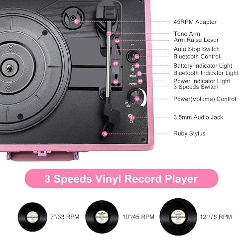 Portable Record Player with Bluetooth 3 Speed Turntable Built in Rechargeable Battery Vintage Suitcase Design with RCA Line Out and Aux in thumbnail 4