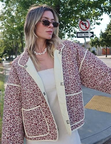 Arssm Women Floral Quilted Puffer Jacket Cropped Lightweight Patchwork Vintage Padded Short Coat Outerwear thumbnail 3
