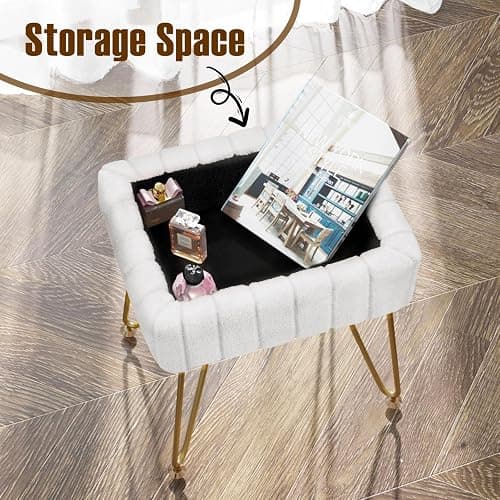 Greenstell Vanity Stool Chair Faux Fur with Storage, 15.7"L x 11.8"W x 19.4"H Soft Ottoman 4 Metal Legs with Anti-Slip Feet, Furry Padded Seat, Modern Multifunctional Chairs for Makeup, Bedroom White thumbnail 5