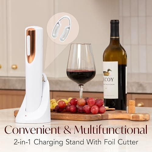 Rechargeable Electric Wine Bottle Opener - Charging Base and Foil Cutter Included with Automatic Wine Opener - Electric Corkscrew for Easy Cork Removal - Best Gift for Wine Lover (White & Rose Gold) thumbnail 4