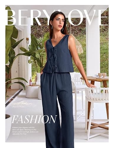 BeryLove Two Piece Sets for Women Summer Outfits Lounge Sets Cap Sleeve Tops Wide Leg Crop Pants Vacation Travel Outfits thumbnail 5
