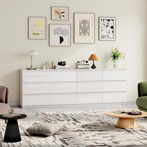 OtterOasis White Dresser for Bedroom Wood 6 Drawer Modern High Gloss | 47" Wide, Handle-Free, long, for Living Room, Entryway, TV Stand, Storing CLothes, Dressers & Chests of Drawers thumbnail 7