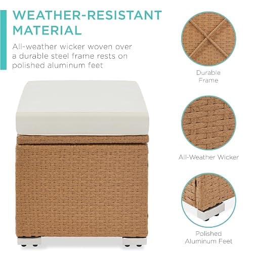 Best Choice Products Set of 2 Wicker Ottomans, Multipurpose Outdoor Furniture for Patio, Backyard, Additional Seating, Footrest, Side Table w/Storage, Removable Cushions - Natural/Ivory thumbnail 5