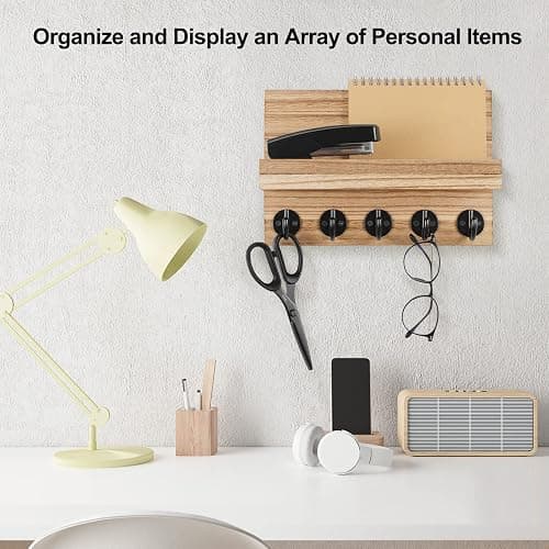 Lwenki Key Holder for Wall, Decorative Key and Mail Holder with Shelf Has Large Key Hooks for Bags, Coats – Paulownia Wood Key Hanger with Mounting Hardware (9.8”W x 6.7”H x 4.2”D) (Burnt Wood) - Burnt wood thumbnail 6