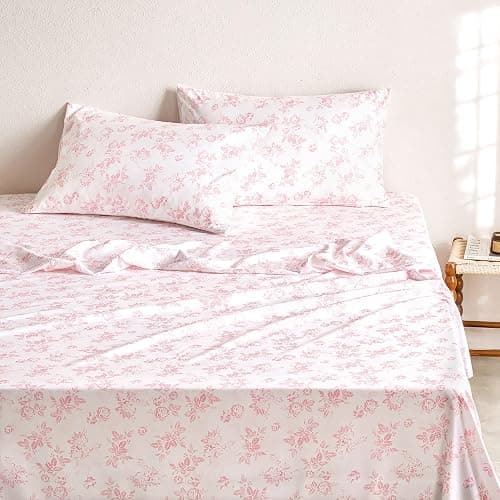 Wake In Cloud - Floral Bed Sheets, 4-Piece Sheet Set, Shabby Chic Botanical Coquette Cottagecore Vintage Flower Pattern Printed Bedding, Deep Pocket, Pink, Queen Size - Image 1