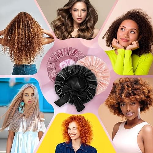 Silk Bonnet Satin Bonnet for Sleeping Large Bonnets with Tie Band Hair Wrap with Adjustable Straps Hair Cap for Women Curly Black thumbnail 7