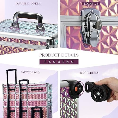Yueieoun 5 in 1 Rolling Makeup Case, Cosmetology Case on Wheels Travel Make up Train Case Nail Cart Makeup Organizer Cosmetic Storage Box Cases Extra Large Trolley Truck with 360° Swivel Wheels, Pink thumbnail 8