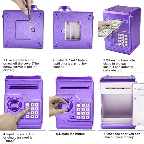 Suliper Electronic Piggy Bank Code Lock for Kids Baby Toy, Mini ATM Safe Coin Cash Banks Real Money Saving Box with Password, Auto Money Scroll for Children,Boys Girls Birthday Gift (Purple) thumbnail 5