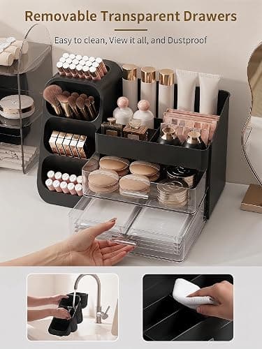 Booklov Makeup Organizer for Vanity, Large Capacity Cosmetic Display Case with Drawers, Countertop Beauty Storage Holder for Skincare, Brush Eyeliner Perfume Eyeshadow Lipsticks, Counter Desk, Black thumbnail 6