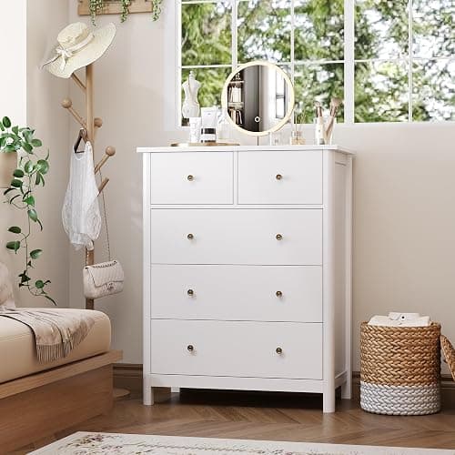 HOUSUIT White Dresser with 5 Drawers, Tall Chest of Drawers, 5 Drawer Dresser with Deep Space, Wood Storage Cabinet for Living Room, Hallway, Office, White thumbnail 5