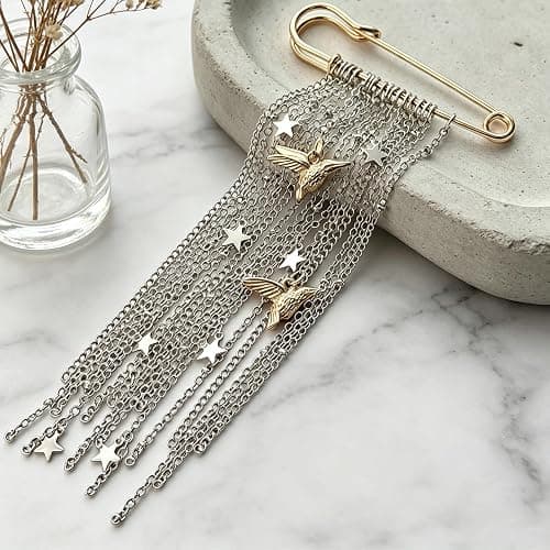 Hopodix Silver Tassel Chain Brooch Gold Safety Pin with Peace Dove Charm Brooch Vintage Lapel Pin Coat Suit Accessories Party Gift thumbnail 7
