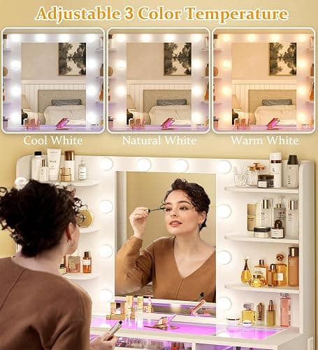 HUAHUU Vanity Desk, Makeup Vanity Desk with Mirror and Lights 3 Colors, Transparent Top with 3 RGB Drawers, 6 Shelves, 2 Large Tempered Cabinets, Power Outlet, for Bedroom, White thumbnail 5