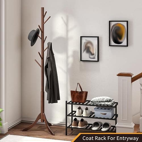 Furshus Coat Rack Freestanding, Coat Stands Entryway, Bamboo Coat Rack Hat Hanger 8 Hook for Jacket, Purse, Scarf Rack, Umbrella Tree Stand (Brown) thumbnail 5