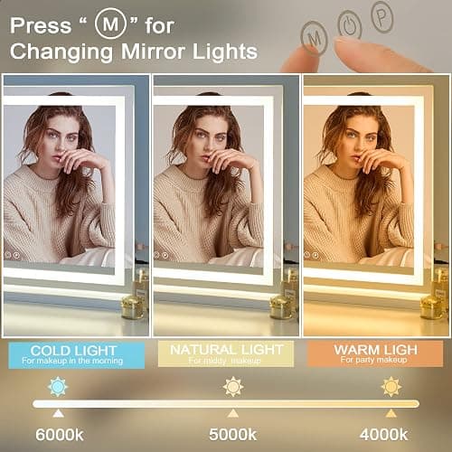Sucedey Vanity Mirror with Lights, 23" x 18" Makeup Mirror, Hollywood Mirror with 3 Color Modes & Adjustable Brightness, Detachable 10x Zoom Mirror and USB Charging Design (White) thumbnail 3