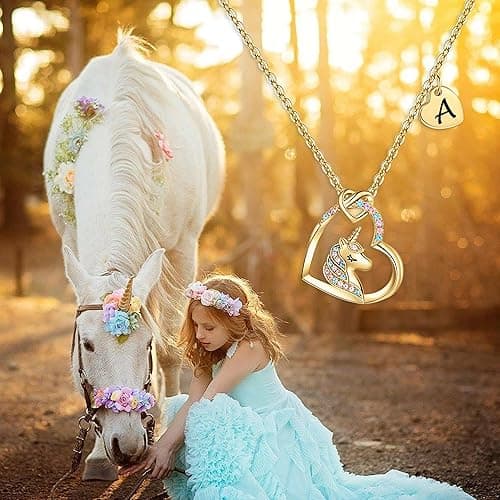 Hidepoo Unicorn Necklace Gifts for Girls - 14K Gold/Rose Gold/White Gold Plated Colorful CZ Heart Unicorn Necklace Little Girls Jewelry Initial Unicorn Necklace Birthday Gifts Unicorn Gifts for Girls - A. - Gold thumbnail 2