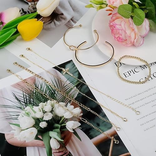 JINGSEN Gold Cross Bracelet for Women 14k Gold Plated Bracelet Stack Bangle Cuff Bracelet Set for Women Non Tarnish Beaded/Paperclip/Cuban Link Chain Bracelets Jewelry for Women Trendy thumbnail 3