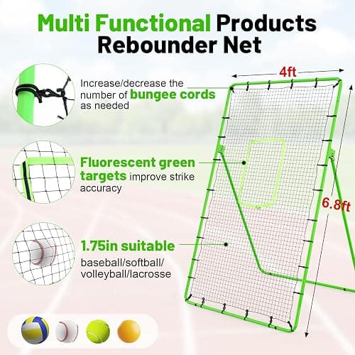 4×7ft Rebounder Net，Soccer Rebounder with Adjustable 5 Angles，6 Ground Stakes，1 Glove，Baseball Rebounder Net with Fluorescent Green Pitching Target，Net for Individual/Team Baseball Training thumbnail 5