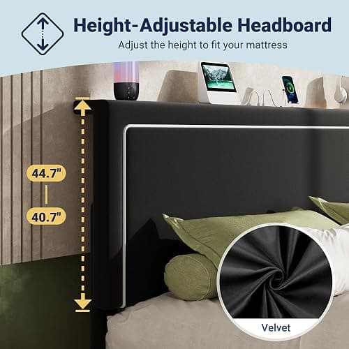 Allewie Full Lift Up Storage Bed Frame with Charging Station, Black | Enclosed Storage, USB & Type-C Charging, Smart LED Lights, Hydraulic Lift, Adjustable Headboard, Velvet Upholstery thumbnail 3
