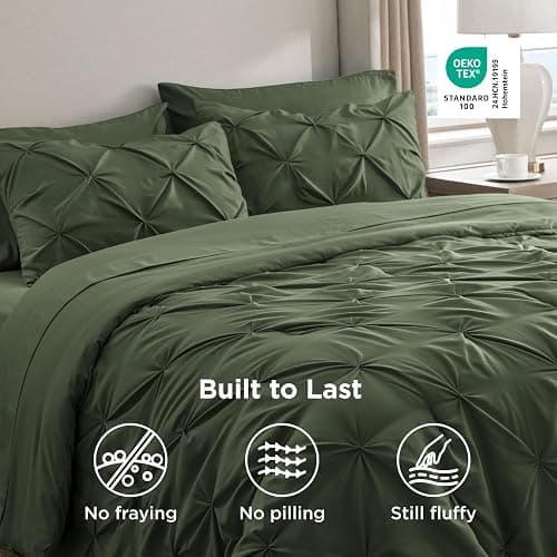 Bedsure Oversized Queen Comforter Set Olive Green - Bed in a Bag Bedding Set 7 PCS, GentleSoft™ Pintuck Bed Set Gift for Family, Pinch Pleat All Season Comforter with Sheets, Pillowcases & Shams thumbnail 9
