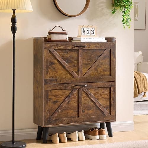 LEYAOYAO Shoe Storage Cabinet with 2 Flip Drawers，Narrow Shoe Storage Cabinet Organizer with Legs for Entryway Hallway, Living Room, Bedroom，Hidden Slim Storage Narrow Shoe Rack Cabinet,Brown thumbnail 8