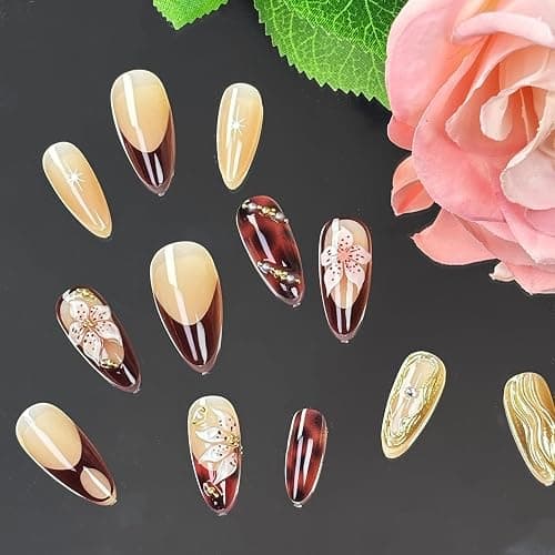 24Pcs Almond Press on Nails Medium Fake Nails with Brown Flower Designs French Nails 3D Gold Texture False Nails Star Press ons Pearl Jewelry Acrylic Nail Cute Stick on Nail for Women Manicure thumbnail 5