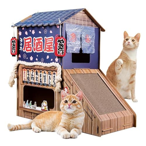 opbodqo Cardboard Cat House for Indoor Cats,Cat Bed with Cat Toys,Cat Tunnel with Cat Scratching Posts,Large Cat Houses & Condos,Suitable for Kitty of All Weights(29.5inx28.5inx18in) - Image 1