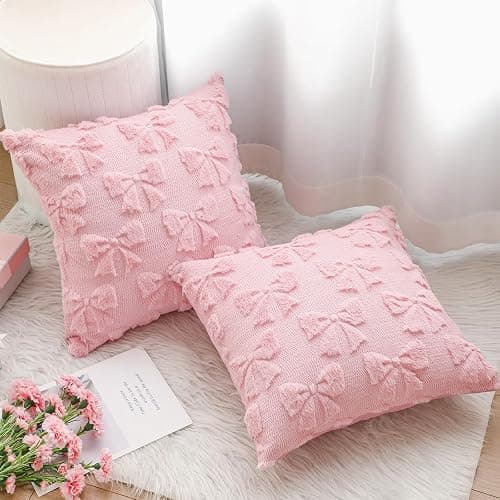 Mixweer Bow Pillow Covers Set of 2 Coquette Room Decor Cute Faux Fur Soft Bowknot Preppy Stuff Fluffy Plush Aesthetic Pillow Covers for Bed Sofa Couch, Fall Christmas Decor(18 x 18 Inch,Dark Pink) thumbnail 5
