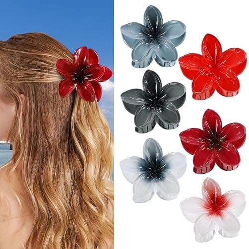 CHANDAT Flower Hair Clips 6 PCS Hawaiian Claw Clips for Vacation Hibiscus Hair Claw Clips Cute Large Hair Clips for Thick and Thin Hair Plumeria Hair Accessories for Women Girls -Dark Color thumbnail 4