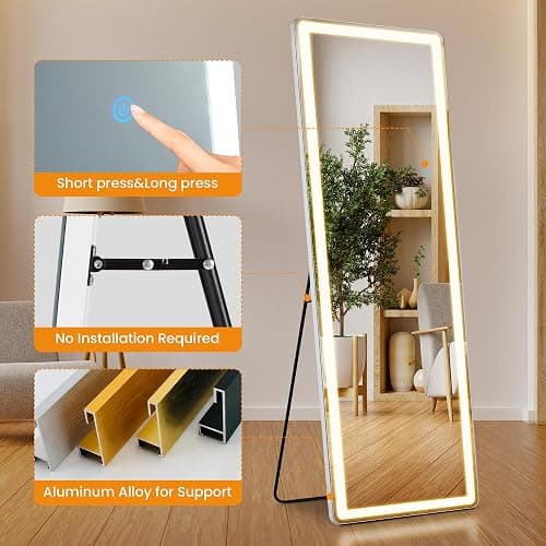 Aidoly LED Rectangular Full Length Mirror, 64"L x 21"W Body Standing Mirror | Shatterproof Tempered Glass, 3 Color Lighting Standing, for Bedroom Cloakroom Livingroom, White thumbnail 4