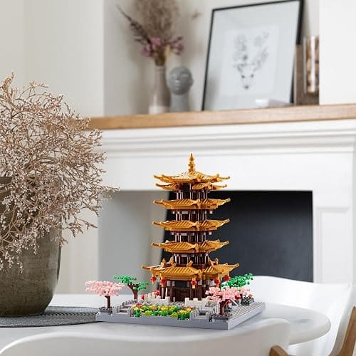 Chinese Architecture Building Block, Yellow Crane Tower Micro Building Kit | with Cherry Blossom Tree for Adults, Collectible Miniature Model, Historic Temple Landmark DIY Creative Gift (2200PCS) thumbnail 2