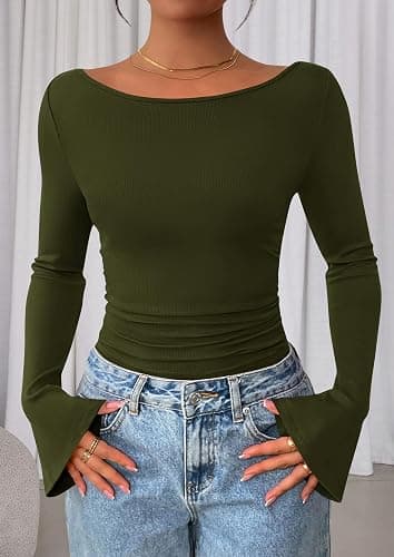 PRETTYGARDEN Women's Long Sleeve Shirts 2025 Fall Crop Going Out Tops Casual Boat Neck Bell Sleeve Ribbed Ruched Y2K Clothes thumbnail 7