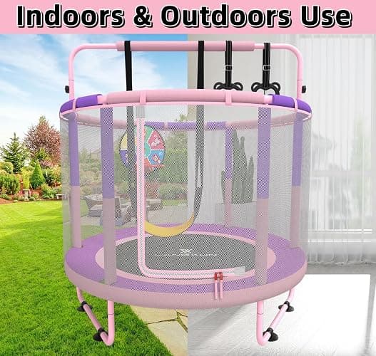LANGXUN 60" Trampoline for Kids, 5ft Toddler Mini 6-in-1 Trampoline Indoor Outdoor with Swing, Basketball Hoop, Dart Board, Gymnastics Bar, Rings, Christmas Toys Birthday Gifts for Girls Boys Age 1-8 thumbnail 4