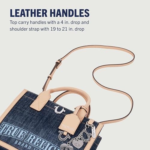 True Religion Denim Tote Bag, Bombe Logo Shoulder Carryall with Horseshoe Hardware and Strap Hand Bag, Dark Denim thumbnail 4