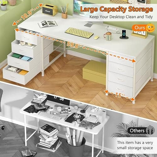 YOMILUVE 60 Inch Computer Desk with 8 Drawers, Home Office Desk with Power Outlets, Work Study Gaming Desk with 8 Fabric Drawers thumbnail 5
