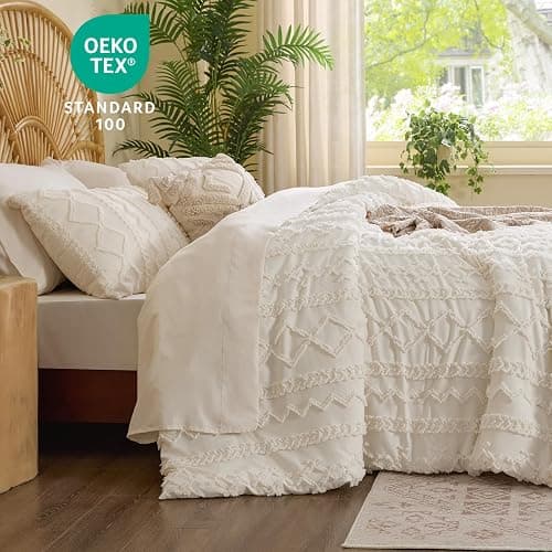 BEDELITE Queen Comforter Set 7 Pieces Cream White - Tufted Boho Bed in a Bag,Farmhouse-Style Embroidery Bedding for All Seasons,Soft Comforter with Sheets, Pillowcases & Shams thumbnail 8