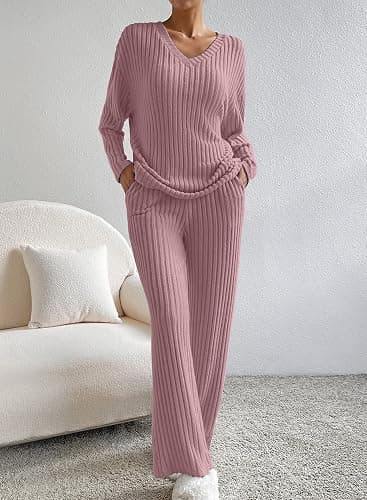 SHEWIN Women's Pajama Sets Long Sleeve Short Sleeve 2 Piece Lounge Sets Ribbed Knit Sweater Sleepwear thumbnail 3