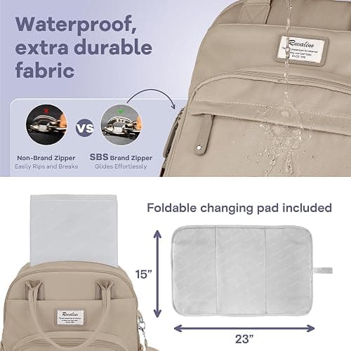 RUVALINO Diaper Bag Backpack-Multifunction Baby Travel Bag with Changing pad, Insulated Bottle Holders & Pacifier Case, Large Capacity, Waterproof, Clay thumbnail 6