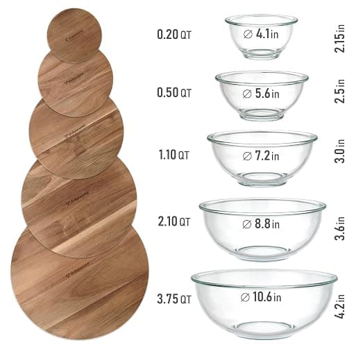 dokaworld Set of 5 Nesting Glass Bowls with New Updated Acacia Lids for Foodprep, Storage, Mixing & Cooking - Microwave & Oven-ready BPA Free Durable Heat Resistant Inert Borosilicate Glass thumbnail 3