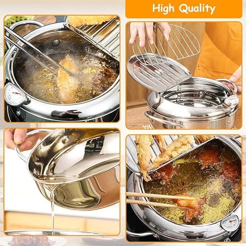 Friteuse Tempura, Poêle Tempura de Style Japonais Friteuse Japonaise Tempura avec Thermomètre Poêle à Frire en Acier Inoxydable pour Frire du Tempura, du Poulet Français, du Poisson Séché (24 cm) thumbnail 6